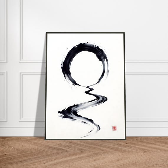 Enso Circle With Zen Path Print Japanese Sumie Brushstroke Art Minimalist Black Ink Wall Decor For Calm Spaces