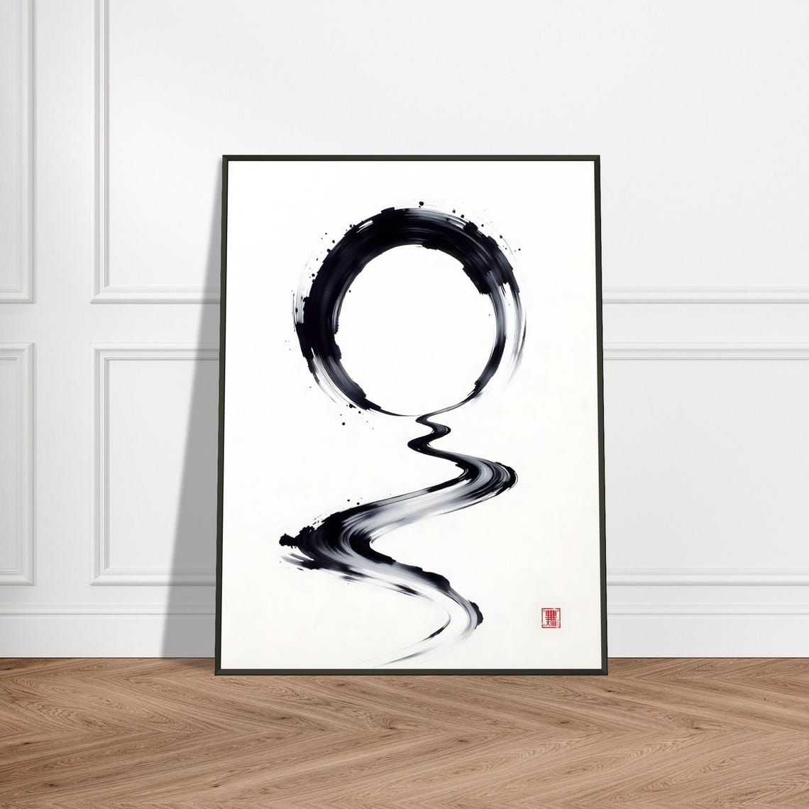 Enso Circle Flowing into Winding River Black Ink Poster Artwork
