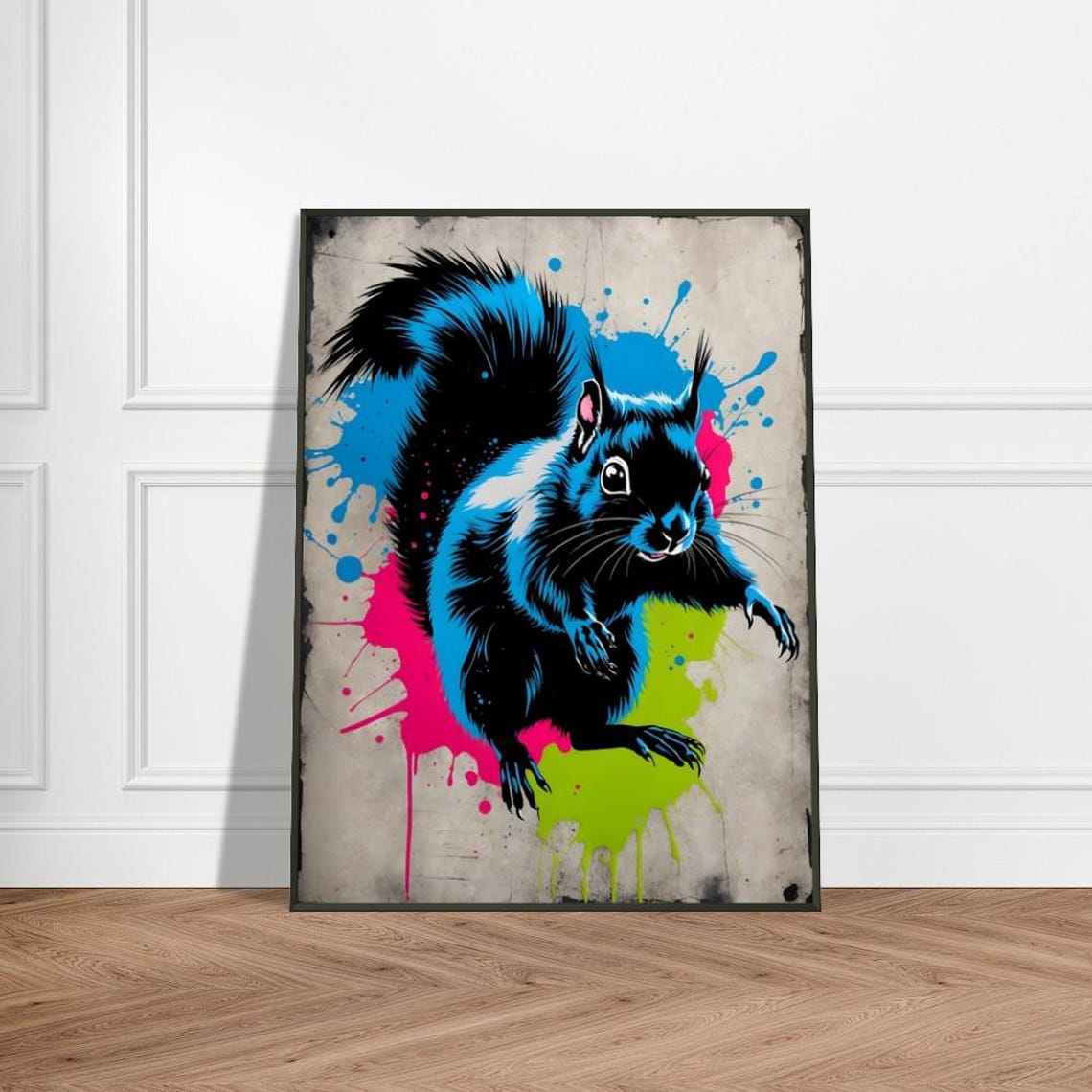 Black And Blue Squirrel Graffiti With Neon Paint Splashes Poster