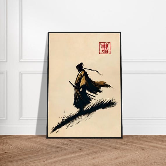 Lone Japanese Samurai Warrior Poster Minimalist Zen Wall Decor Museumquality Matte Paper Framed Cultural Artwork