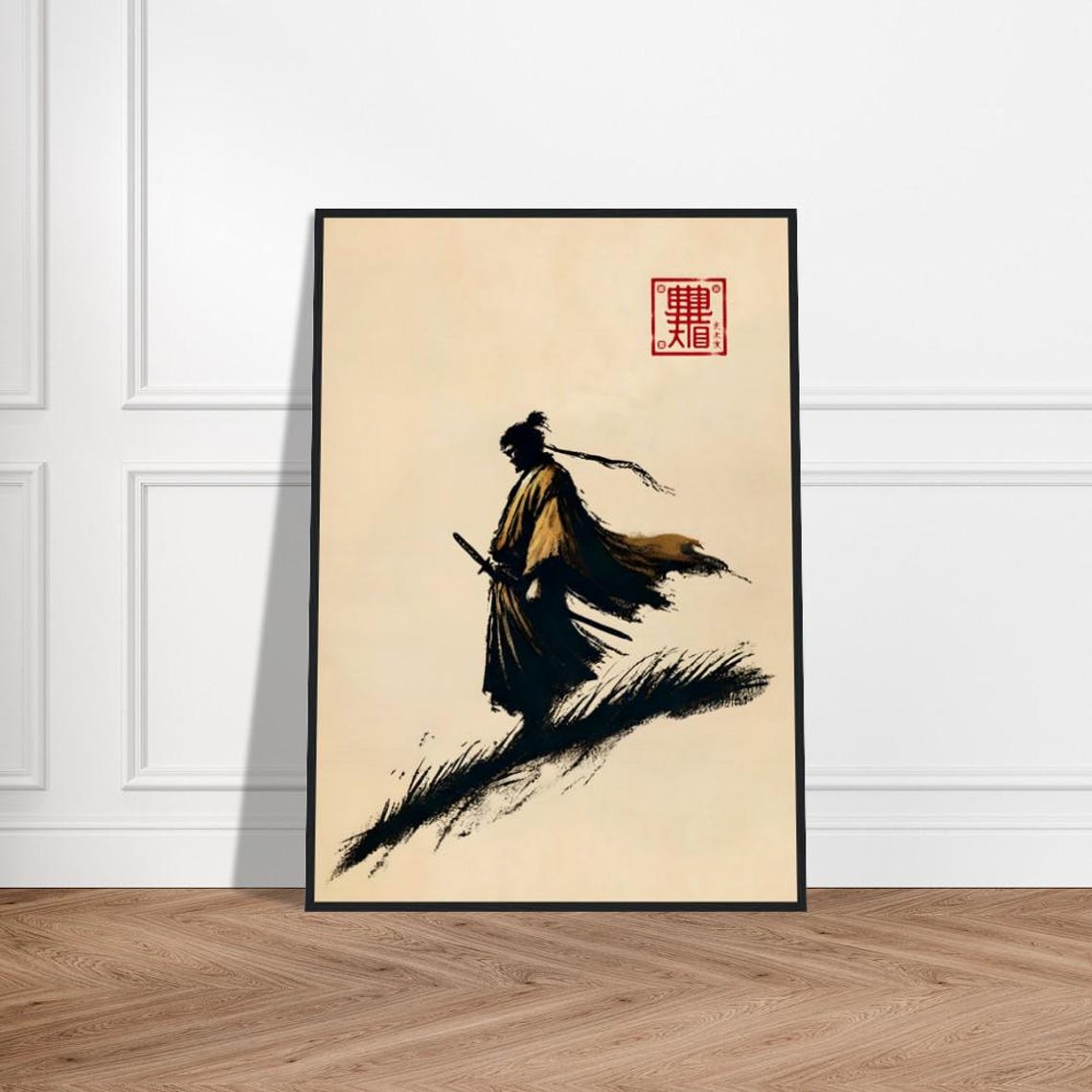 Lone Ronin Samurai With Katana in Black and Ochre Ink Style Poster