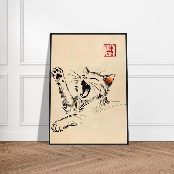 Yawning Cat Paw Raised Orange Ear Ink Japanese Art Poster Cute