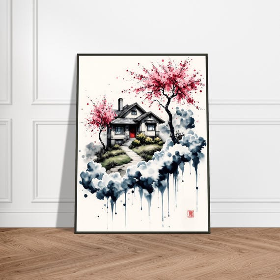 Cherry Blossom Cottage Art Print Japanese Watercolor Dream Home Illustration Whimsical Zen Landscape Wall Decor Spring Painting