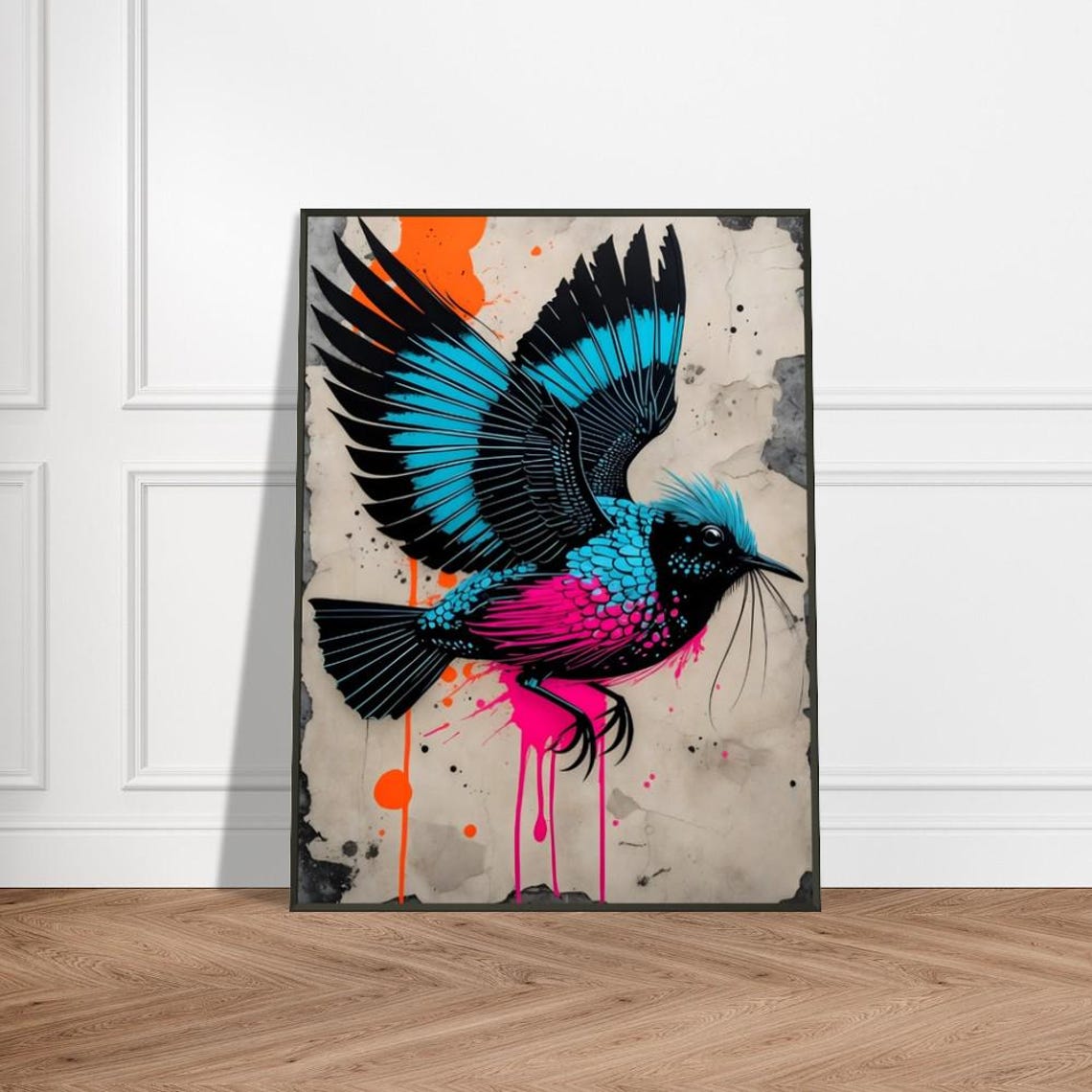 Colorful Bird in Flight Blue Wings Neon Street Art Bird Poster