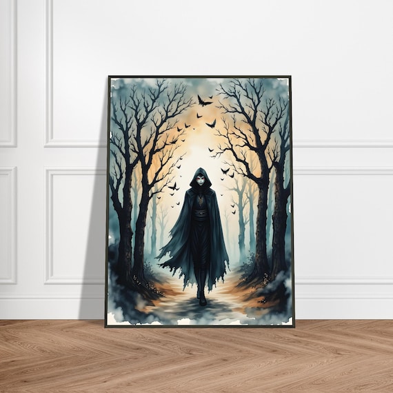Hooded Forest Spirit Walking Among Bare Trees Fantasy Poster