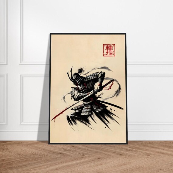 Samurai Drawing Sword with Helmet Ink Japanese Art Poster Battle