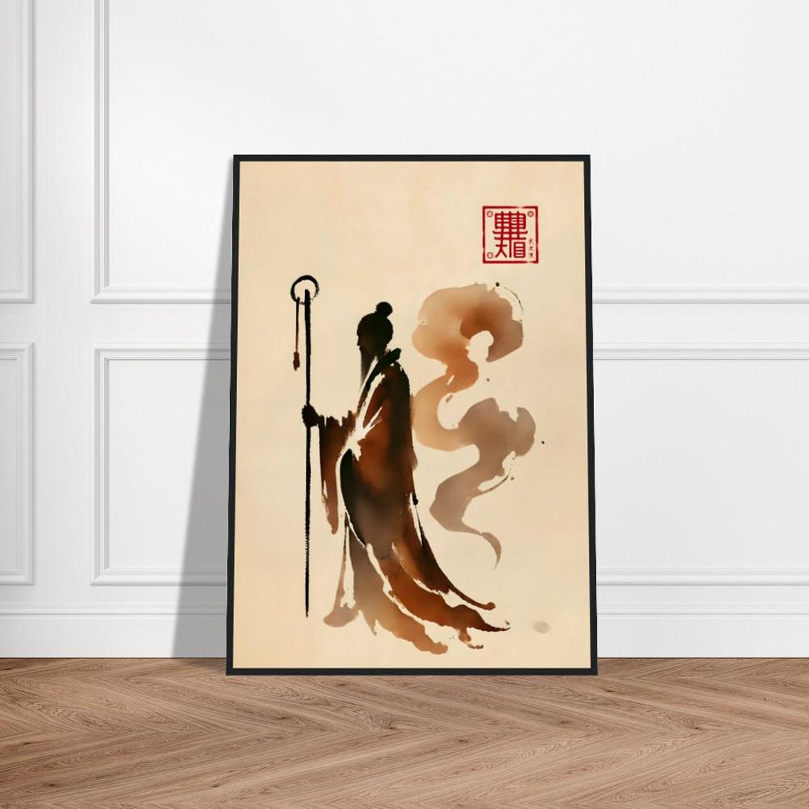 Zen Monk Silhouette With Ringed Staff in Umber Ink Wash Style Poster