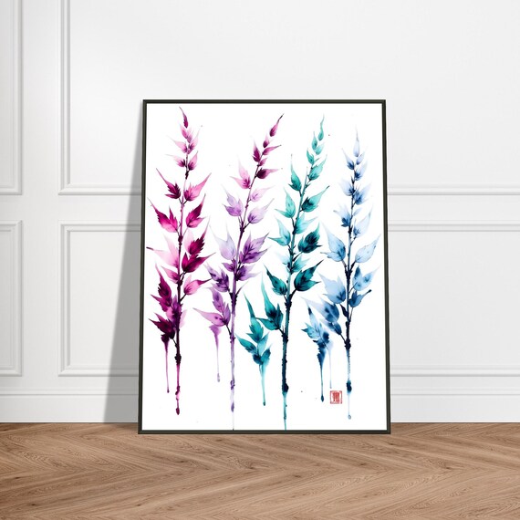Colorful Watercolor Botanical Stalks Magenta Teal Blue Art Poster