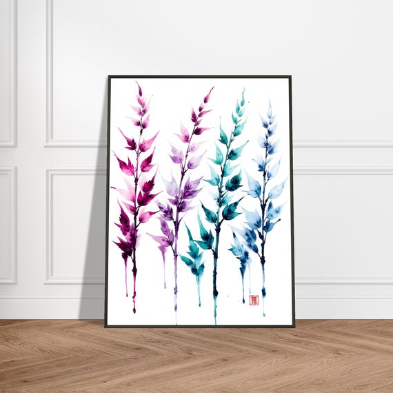 Japanese Watercolor Leaf Print Minimalist Botanical Wall Art Colorful Zen Nature Illustration Modern Home Decor