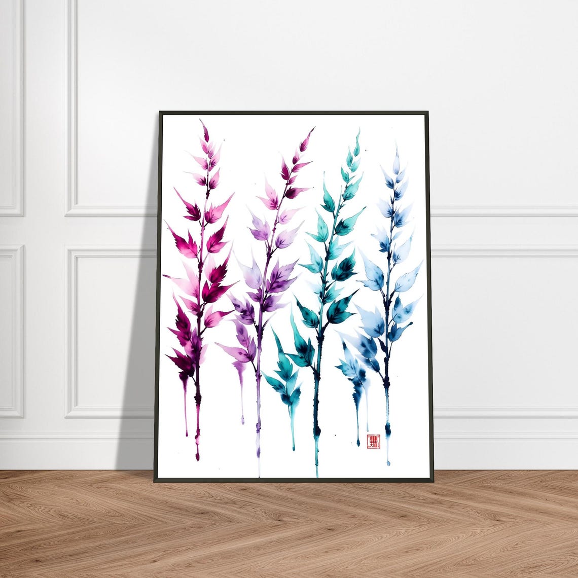 Colorful Watercolor Botanical Stalks Magenta Teal Blue Art Poster