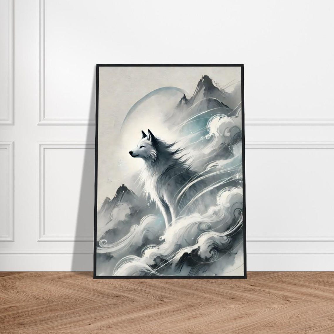 White Wolf in Misty Moon Waves Japanese Sumi E Ink Painting Poster