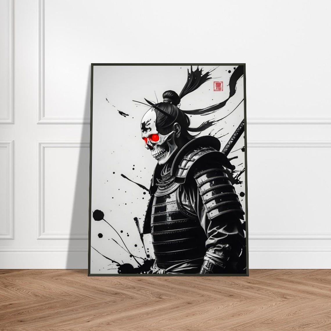 Armored Samurai Skull Warrior With Glowing Red Eyes Ink Poster