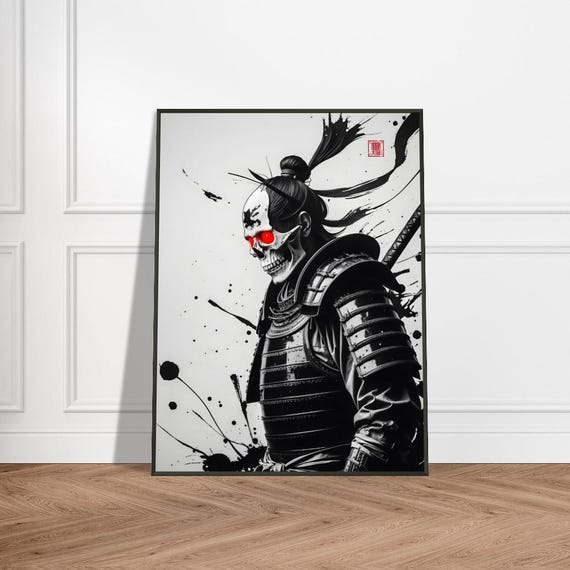 Samurai Skull Wall Art Japanese Ink Wash Painting With Red Glowing Eyes And Armor Metal Frame Dark Gothic Decor For Home Or Office