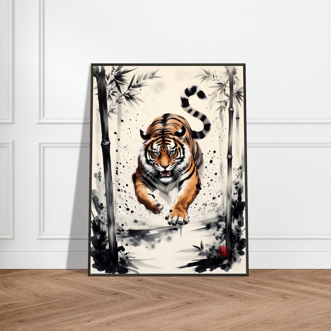 Fierce Tiger Leaping Through Bamboo Forest Sumi E Wildlife Poster