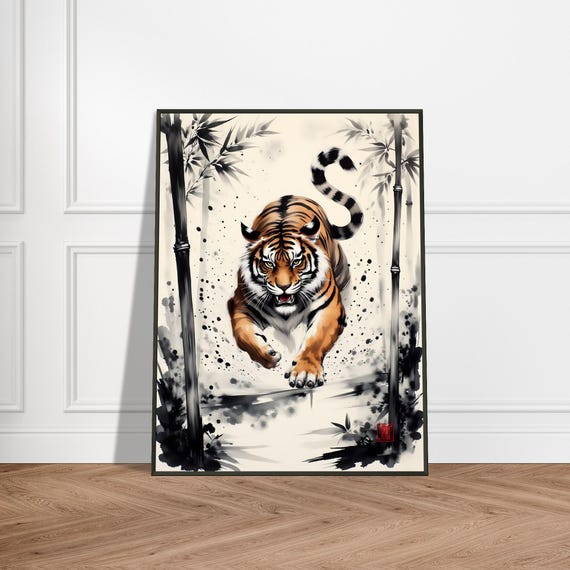 Charging Tiger In Bamboo Grove Japanese Ink Painting Bold Sumie Style With Dynamic Brushwork And Fierce Expression