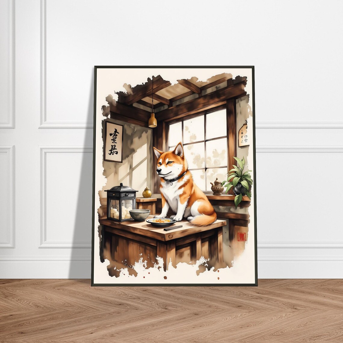 Shiba Inu in Japanese Tea House Cozy Shop Watercolor Art Poster