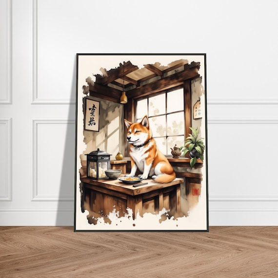 Shiba Inu in Japanese Tea House Cozy Shop Watercolor Art Poster