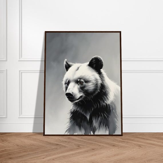 Majestic Panda Bear Portrait Japaneseinspired Watercolor Style Monochrome Brushwork With Subtle Zen Print