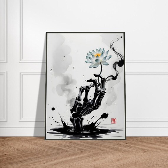 Skeleton Hand Holding Lotus Flower Rising From Ink Water Poster