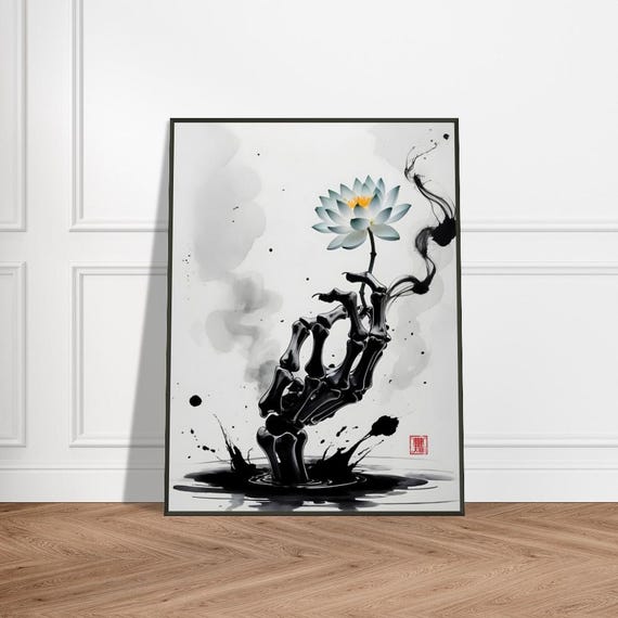 Skeleton Hand With Wall Art Japanese Ink Wash Painting Blooming Flower Metal Frame Bold Gothic Zen Decor For Home Or Office