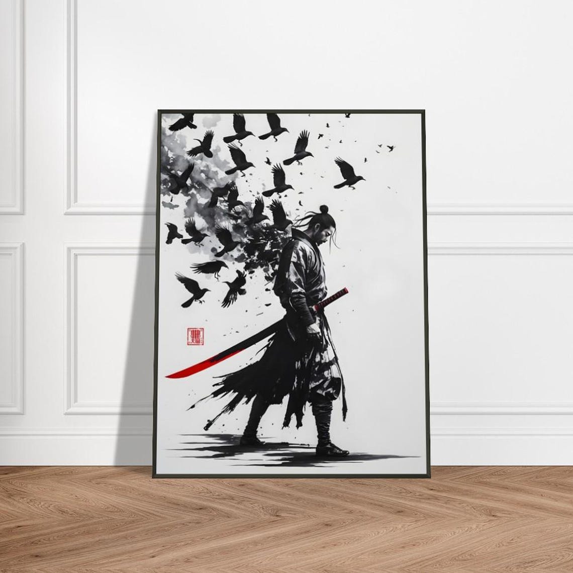 Samurai Warrior With Katana And Crows Japanese Ink Art Poster