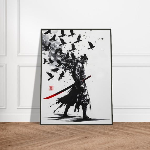 Samurai And Ravens Wall Art Japanese Ink Wash Painting With Red Katana Black Birds Metal Frame Bold Warrior Decor For Home Or Office