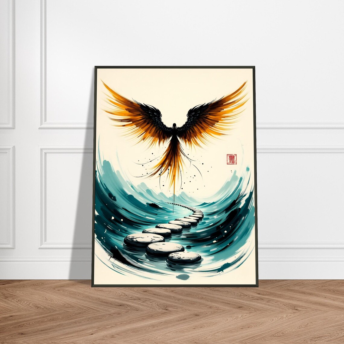 Phoenix Rising Over Stepping Stones in Swirling Water Poster