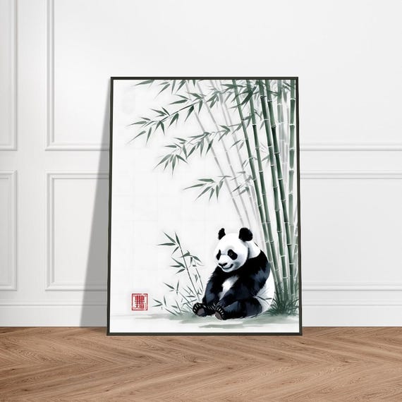 Panda Wall Art Japanese Ink Wash Painting With Bamboo Grove Metal Frame Tranquil Natureinspired Decor For Home Or Office