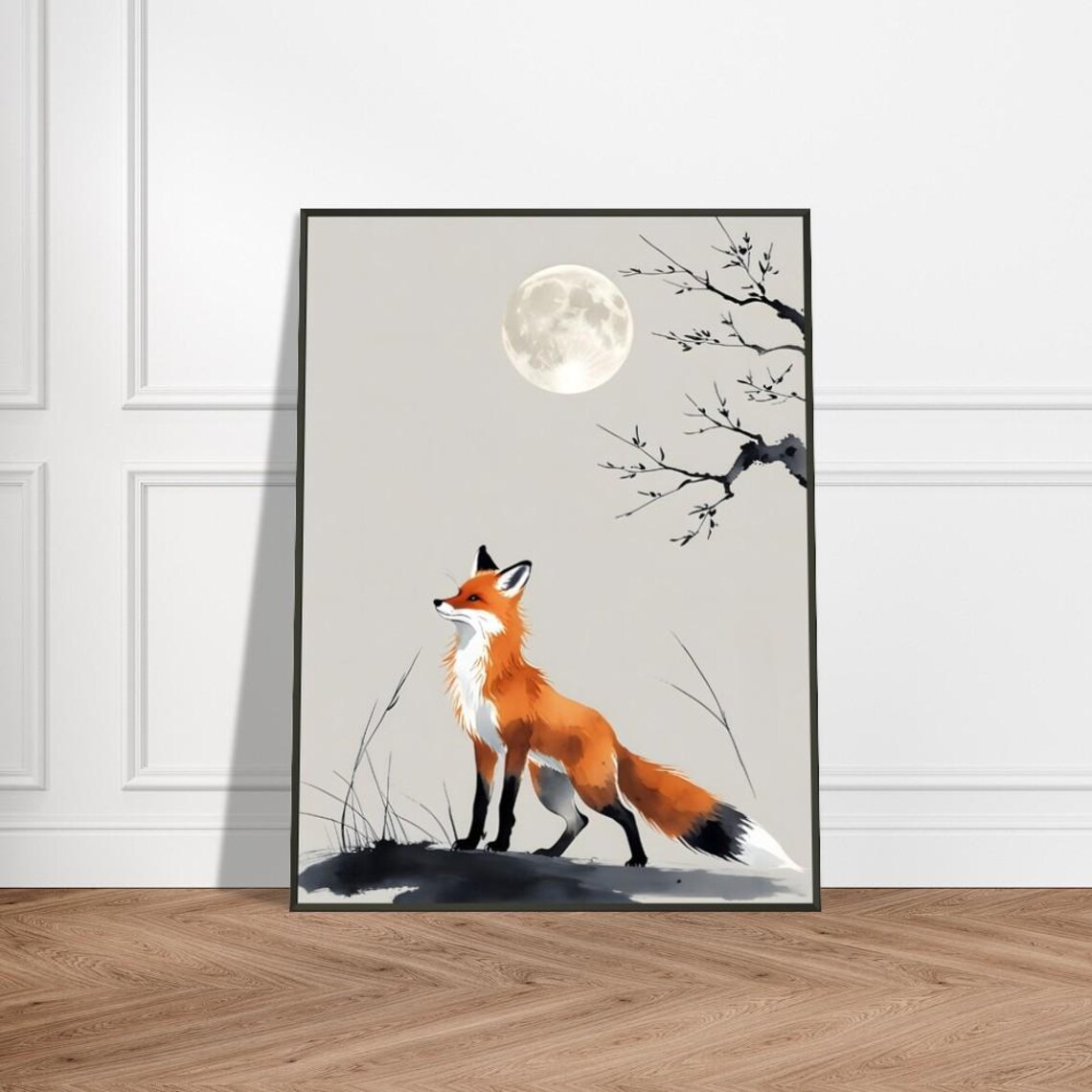 Red Fox Gazing Up at the Full Moon in Japanese Ink Wash Poster