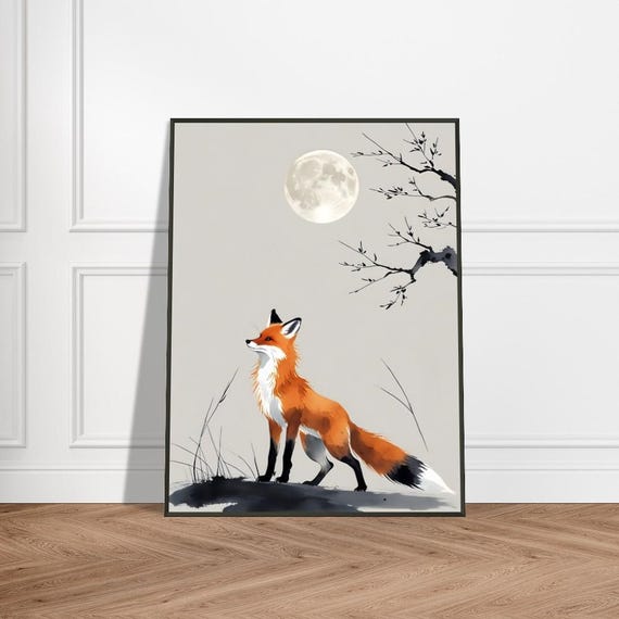 Fox Wall Art Japanese Ink Wash Painting With Full Moon And Tree Silhouette Metal Frame Elegant Wildlife Decor For Home Or Office