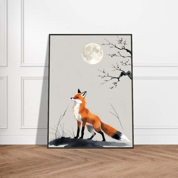 Red Fox Gazing Up at the Full Moon in Japanese Ink Wash Poster