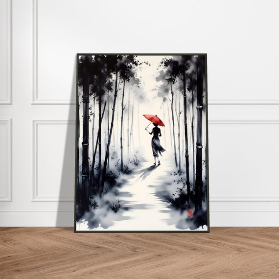 Japanese Bamboo Forest Art Print Woman With Red Umbrella Ink Painting Sumie Style Zen Wall Decor Serene Nature Walk Illustration