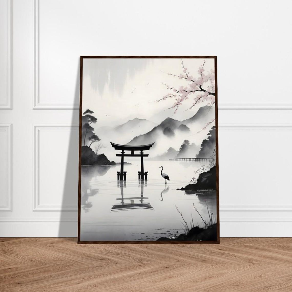 Misty Japanese Lake Torii Gate Crane Cherry Blossom Art Poster