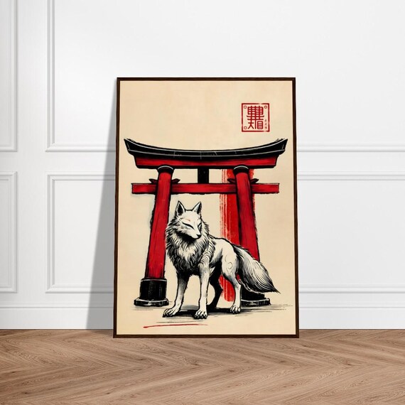 Japanese White Wolf Standing Before Red Torii Gate Shrine Poster