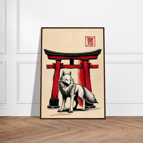 Japanese Wolf Art Poster Minimalist Wall Decor Museumquality Matte Paper Framed Zen Okuriinu Print Nature Artwork