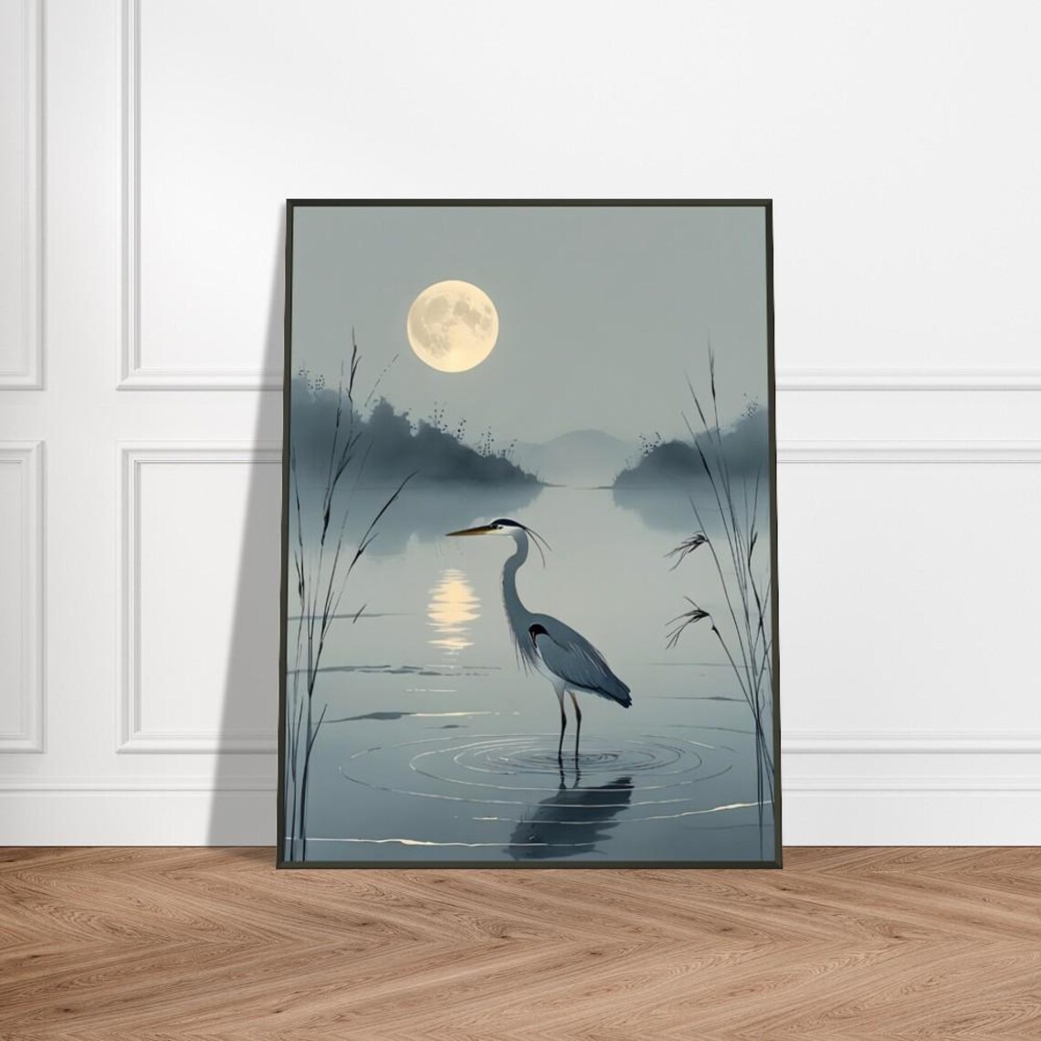 Solitary Heron Wading Under the Full Moon Japanese Ink Wash Poster