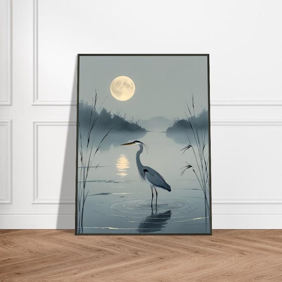Heron Wall Art Japanese Ink Wash Painting With Full Moon Reflection Metal Frame Tranquil Natureinspired Decor For Home Or Office