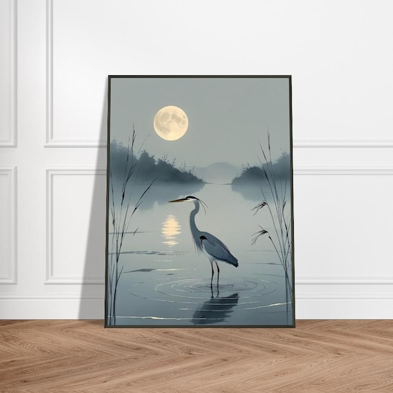 Solitary Heron Wading Under the Full Moon Japanese Ink Wash Poster