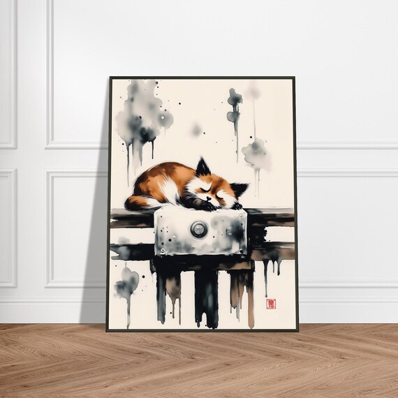 Sleeping Fox Curled on Bridge Beam Japanese Ink Zen Art Poster