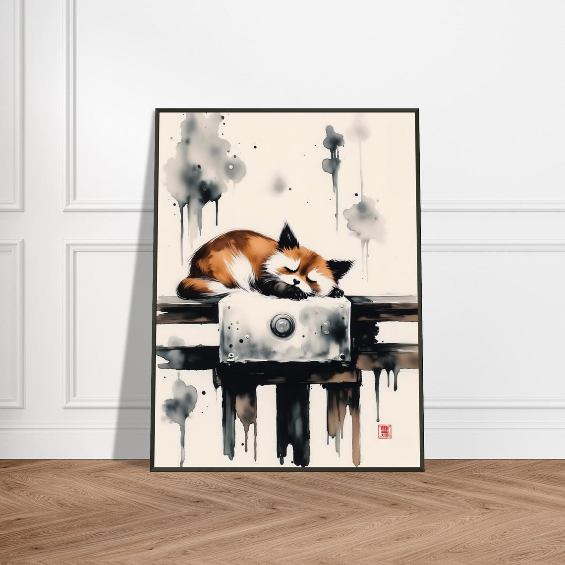 Sleeping Fox Curled on Bridge Beam Japanese Ink Zen Art Poster