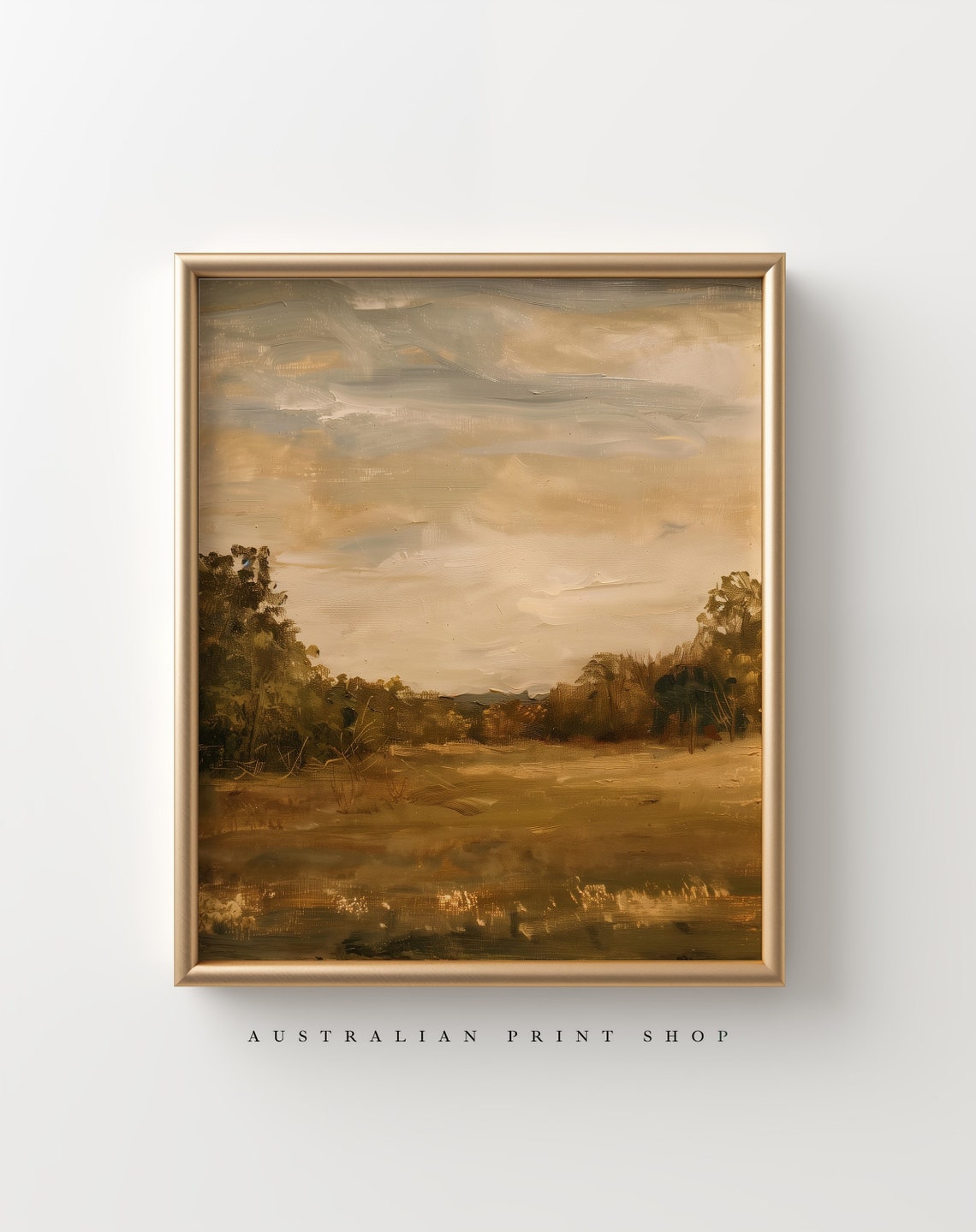 Vintage Rustic Countryside Painting Muted Landscape Print Moody Living Room Decor Neutral Farmhouse Wall Art - Image 2