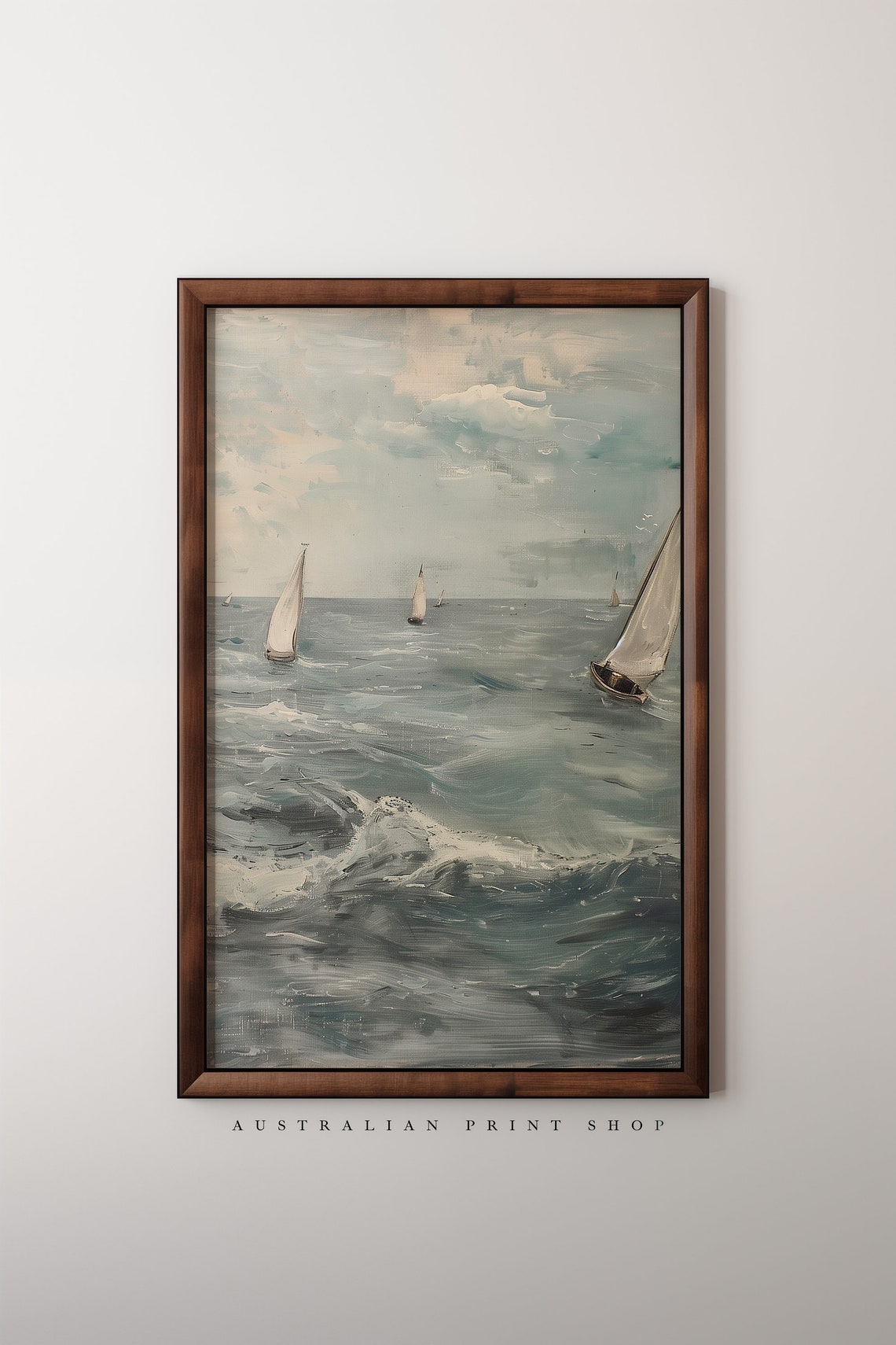 Vintage Ocean Oil Painting Muted Nautical Seascape Print Neutral Sailboat Ocean Art - Image 3