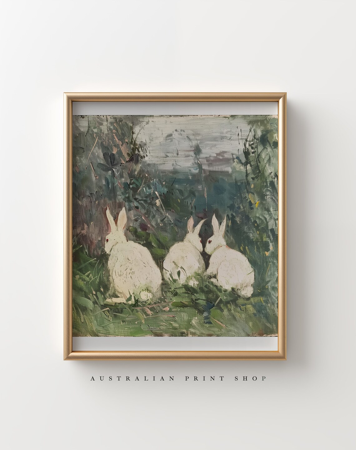 Three White Rabbits in a Cottage Garden Impressionist Animal Poster - Image 2