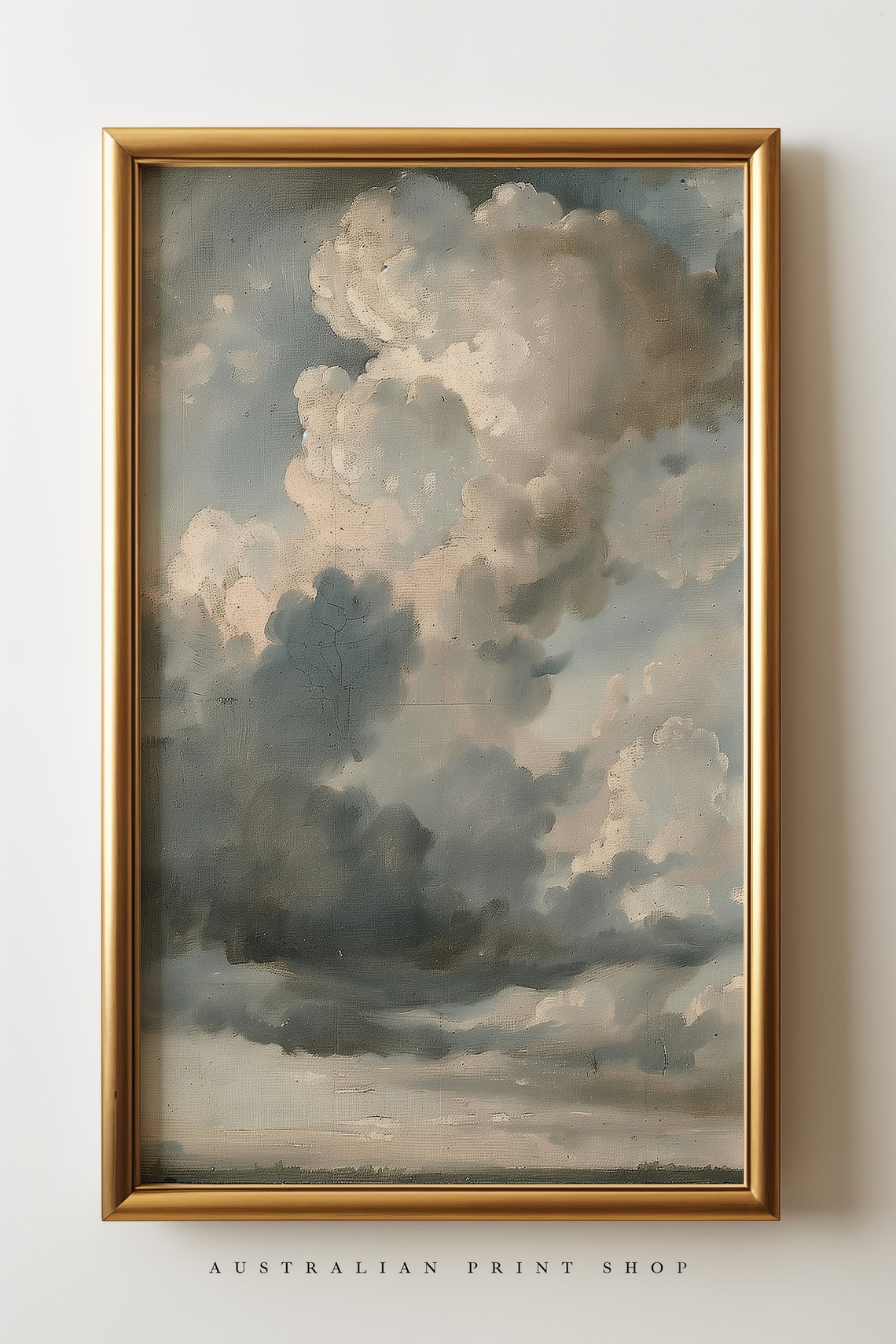 Antique Cloudy Sky Painting Muted Landscape Oil Oil Painting Living Room Decor Farmhouse Wall Art Gift For Him Or Her Neutral Print - Image 2