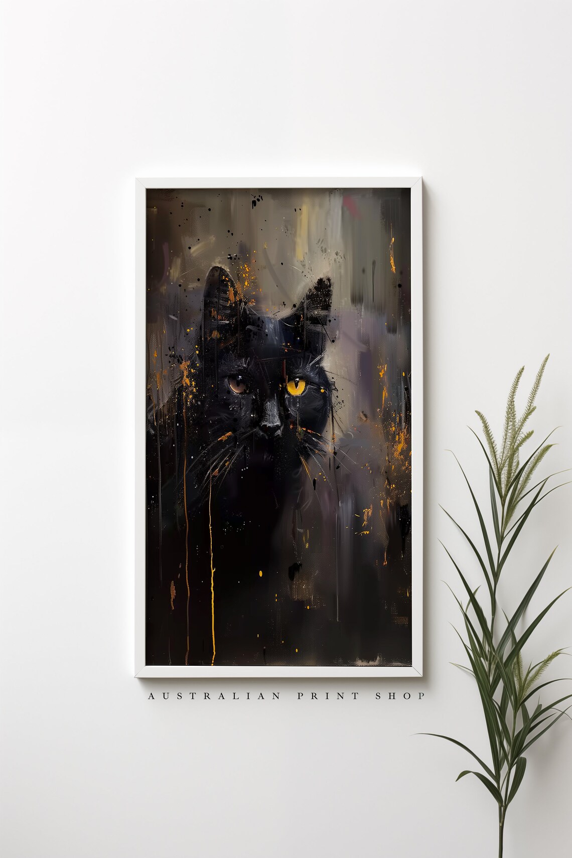 Black Cat Golden Eyes Moody Abstract Oil Painting Animal Poster - Image 4