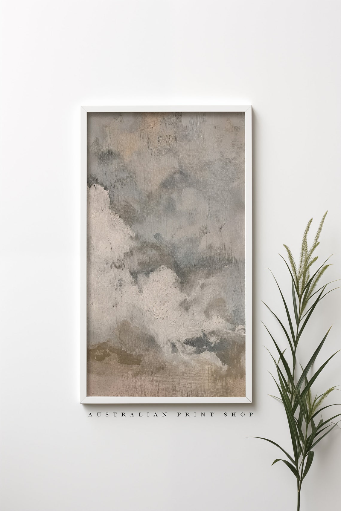 Vintage Cloud Painting Muted Oil Painting Neutral Wall Art Antique Grey Tones - Image 4