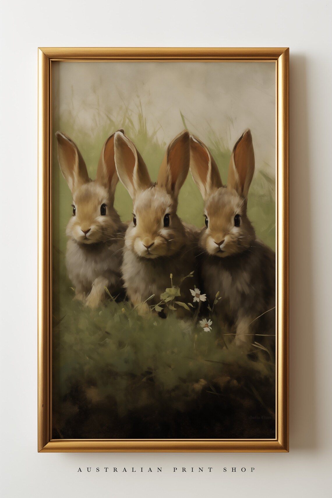 Three Cute Bunny Rabbits Huddled In Grass Vintage Oil Painting Poster - Image 7