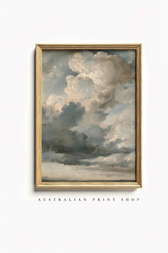 Antique Cloudy Sky Painting Muted Landscape Oil Oil Painting Living Room Decor Farmhouse Wall Art Gift For Him Or Her Neutral Print