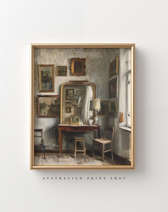 Vintage Moody Still Life Neutral Interior Decor Dresser Art Oil Painting Print Wall Art