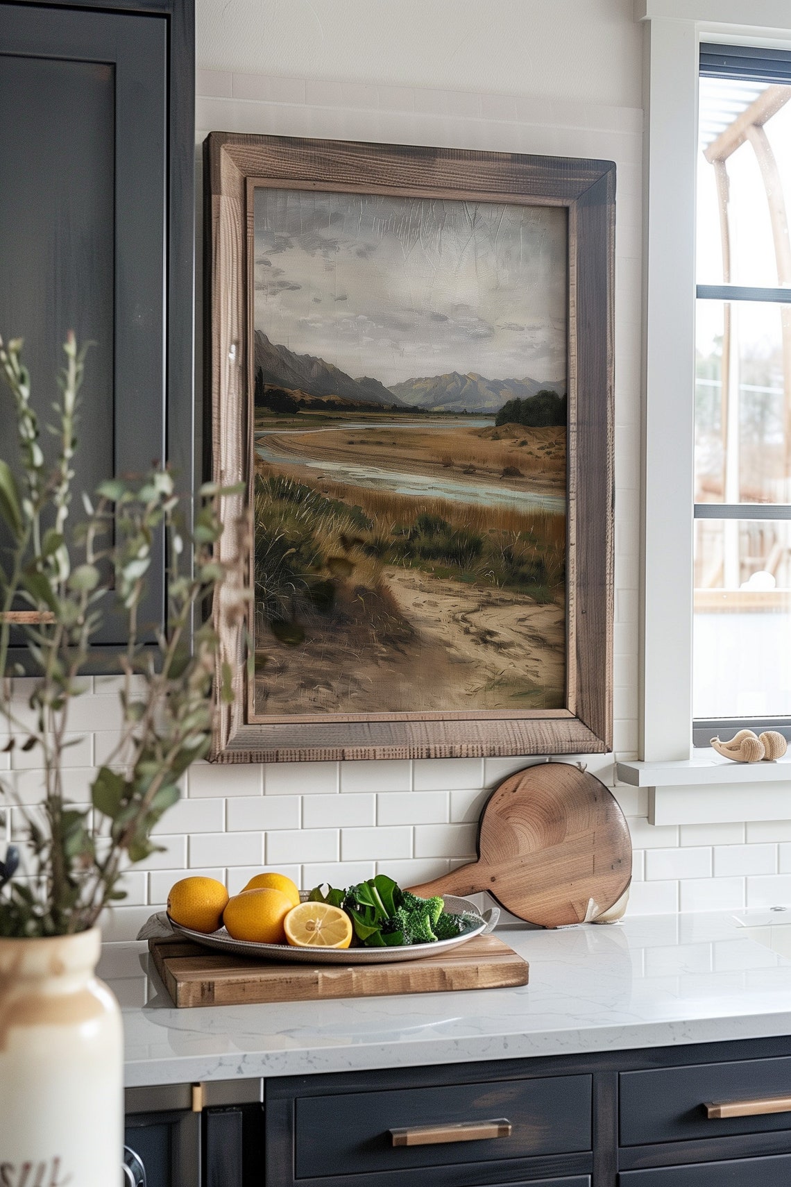 Vintage Rustic Countryside Painting Muted Landscape Print Moody Living Room Decor Neutral Farmhouse Wall Art - Image 6